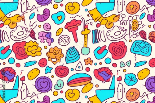  Create a delightful and vibrant atmosphere with a fun and colorful line doodle seamless pattern background, Generative AI © ManusiaIkan