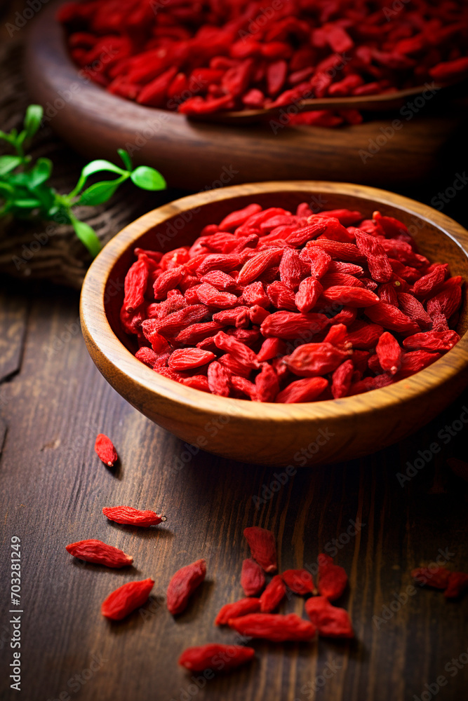 Goji berries on a wooden table. Selective focus. Goji berries on a wooden table. Selective focus.