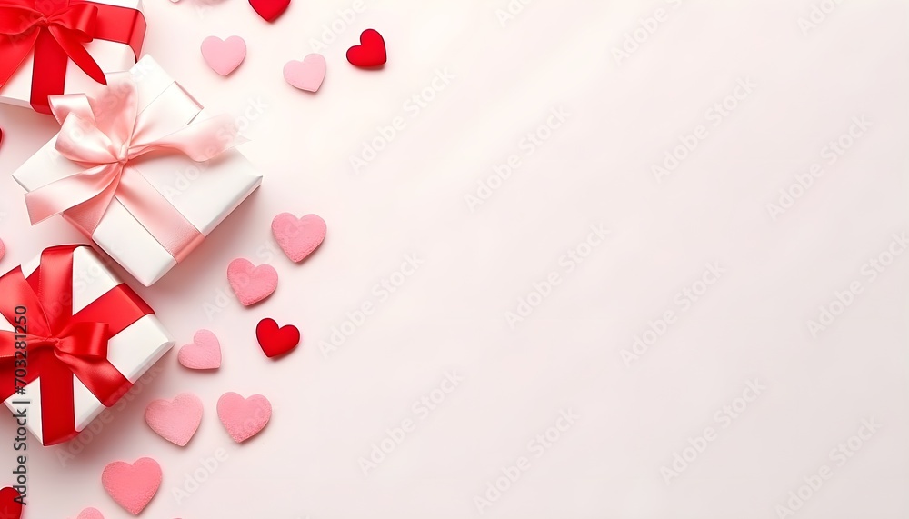 Gift or present box decorated with mixed red hearts for Valentine or Mother day on pastel pink background top view. Flat lay card from homemade decoration Gift or present box decorated with mixed red hearts for Valentine or Mother day on pastel pink background top view. Flat lay card from homemade decoration