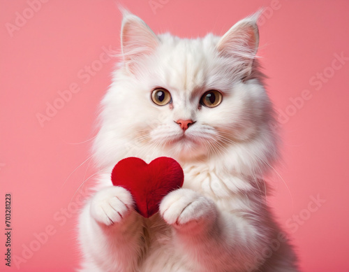 A charming cat holds a vibrant red heart in its small paws, showcasing an endearing image perfect for expressing love and affection. © Anton Dios