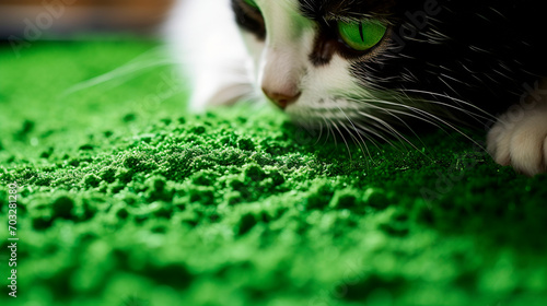 Green powder vitamins for cats. Selective focus. photo