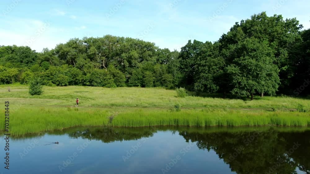 flying a drone over a field, road in a field, forest, woman running along the road, lake flying a drone over a field, road in a field, forest, woman running along the road, lake