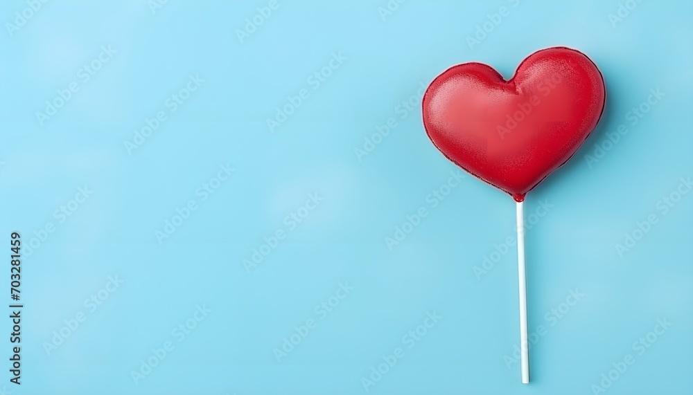 Valentine day concept with red lollipop heart on pastel blue background top view. Flat lay greeting card.