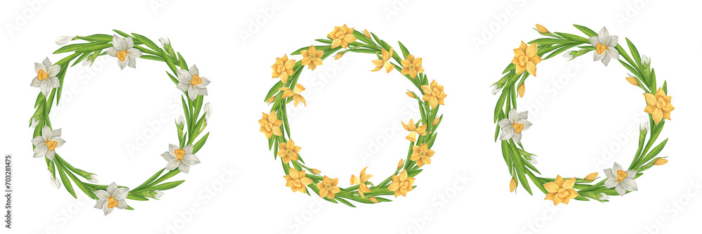 Watercolor set of daffodil wreaths. Spring watercolor vintage round frame. Easter greeting card template