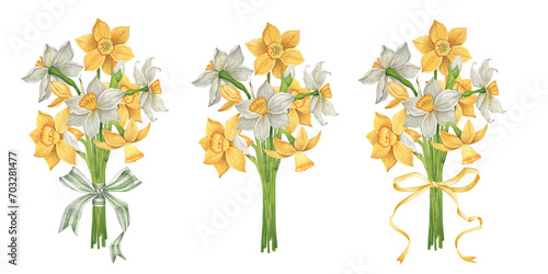 Collection of watercolor bouquets with daffodils. Watercolor botanical illustration. Wedding spring bouquets