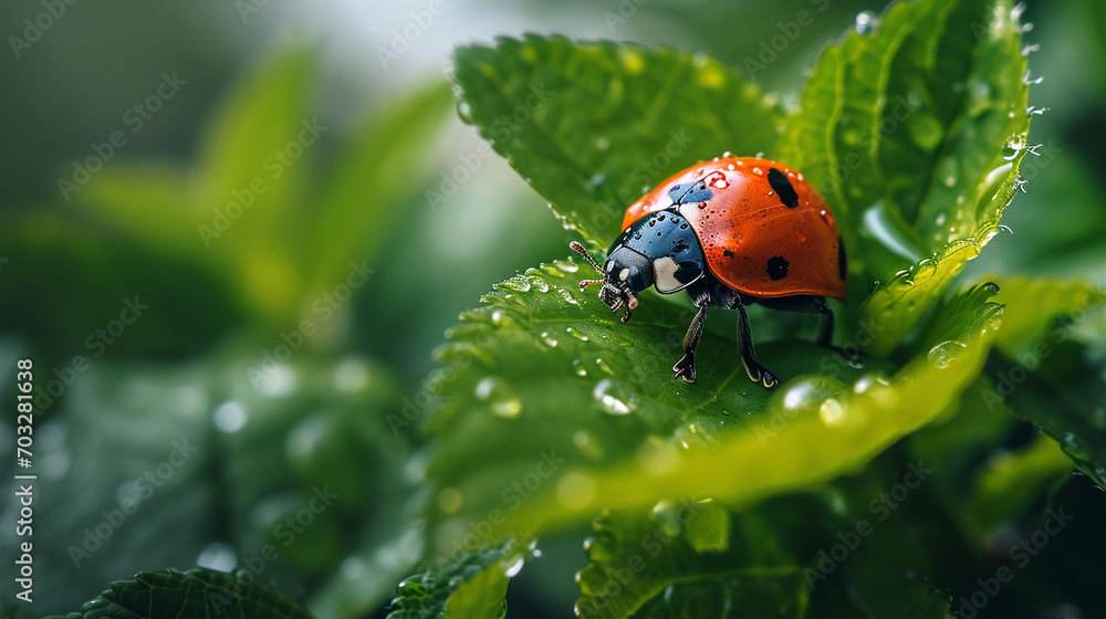 Obraz premium Ladybug in the green grass. Macro bugs and insects world.