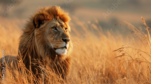 African lion, portrait, African shroud, Big Five of Africa, beautiful nature of Africa. Wild animals.
