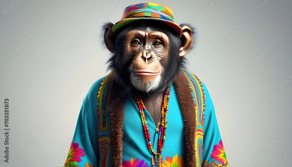 Chimpanzee dressed in hippy clothes. Humanization of animals concept.