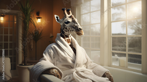 Giraffe in a bathrobe relaxes in the spa.