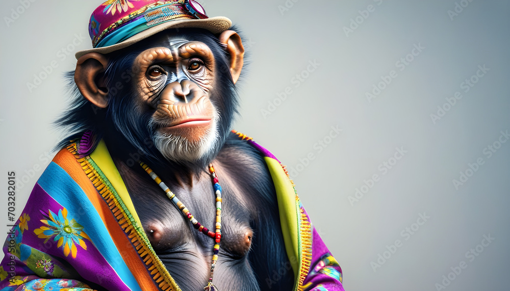 Chimpanzee dressed in hippy clothes. Humanization of animals concept. Chimpanzee dressed in hippy clothes. Humanization of animals concept.