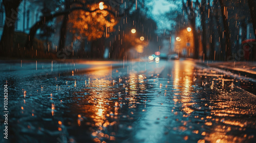 Blurred background of an evening city street in the rain with glare.