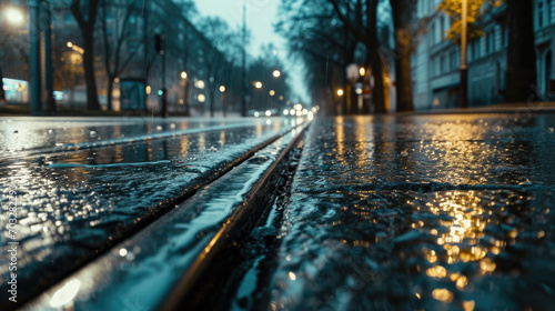 Close-up of tram tracks in rainy weather with blurred buildings and bright lights and lights in the background.