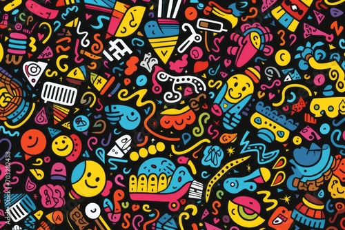  Explore the playful side of design with a vibrant and entertaining colorful line doodle seamless pattern background, Generative AI