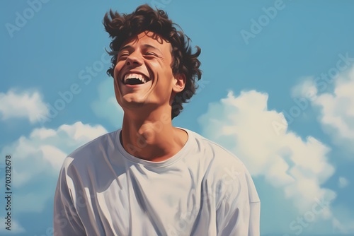 An exuberant young man laughing against a gentle sky blue background.