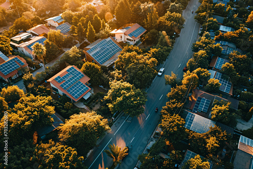 Aerial view of suburban landscape with solar panels during golden hour