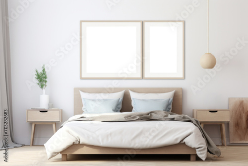 Poster mockup in modern coastal style bedroom interior with sofa. Frame mock up © Aisland