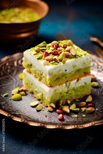 Cake with pistachios on the table. Selective focus.
