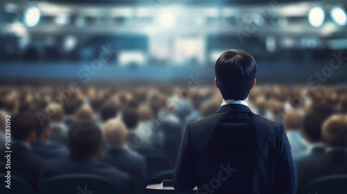 Motivational speaker with headset performing on stage