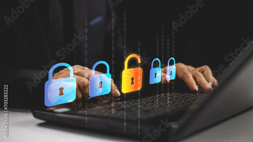 Global network cybersecurity technology concept. Business protect personal information. Identity theft, Database hack, internet cyber crime. Hacker attack risk data shield. Damage security system photo