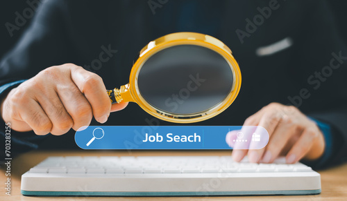 Student or businessman use magnifying glass, computer keyboard to search information. Website for business work research technology or hunting job communication. Success internet marketing web.