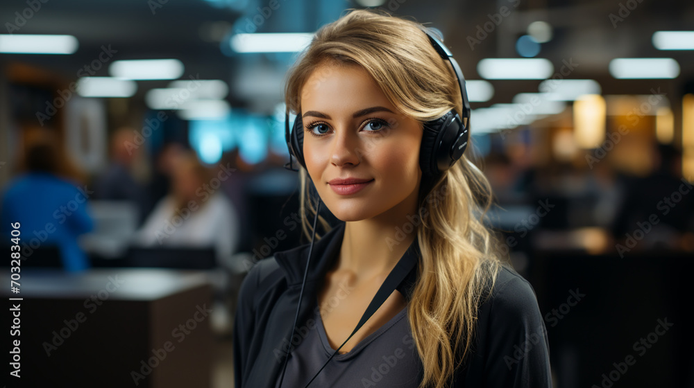 Serious call center operator in wireless headset talking with customer, woman in headphones with microphone consulting client Serious call center operator in wireless headset talking with customer, woman in headphones with microphone consulting client
