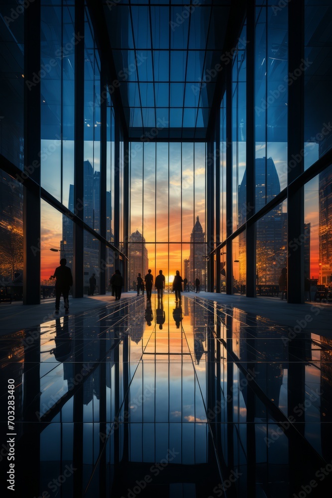Skyscraper's glass office exterior with silhouettes of professionals working inside, creating an intriguing blur, Generative AI Skyscraper's glass office exterior with silhouettes of professionals working inside, creating an intriguing blur, Generative AI