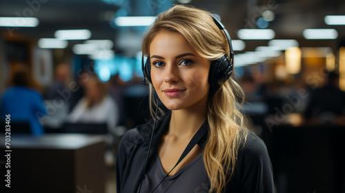 Serious call center operator in wireless headset talking with customer, woman in headphones with microphone consulting client
