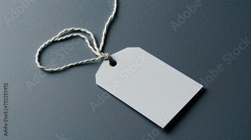 Empty layout layout on grey background. Common blank label name tag hanging on neck with thread photo