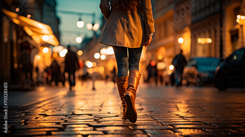 Legs of a woman walking through the city at night. Selective focus.