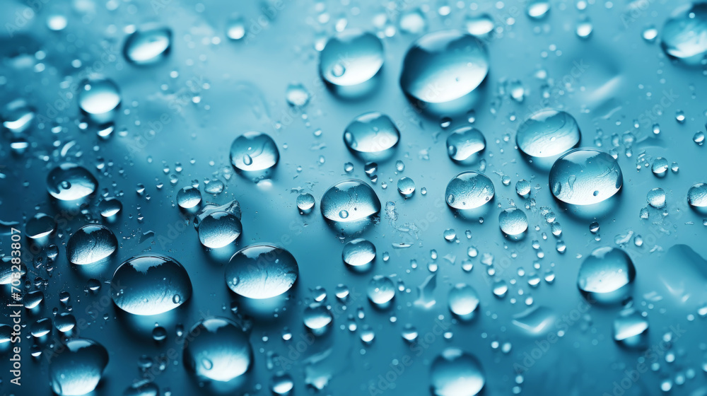 Closeup of water drops sliding on wet surface. Blue background. Generative AI Closeup of water drops sliding on wet surface. Blue background. Generative AI