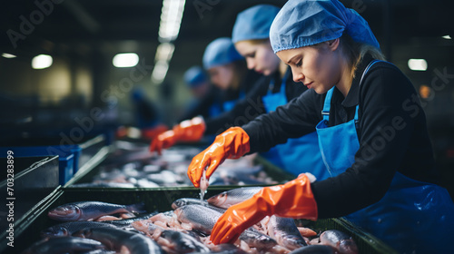 Group of seafood processing staff working with fresh sardines in plant photo