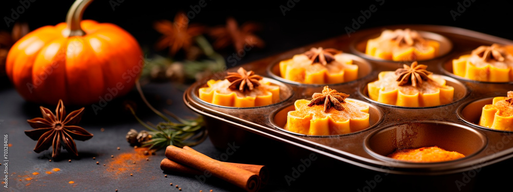 Pumpkin muffins for fall. Selective focus.