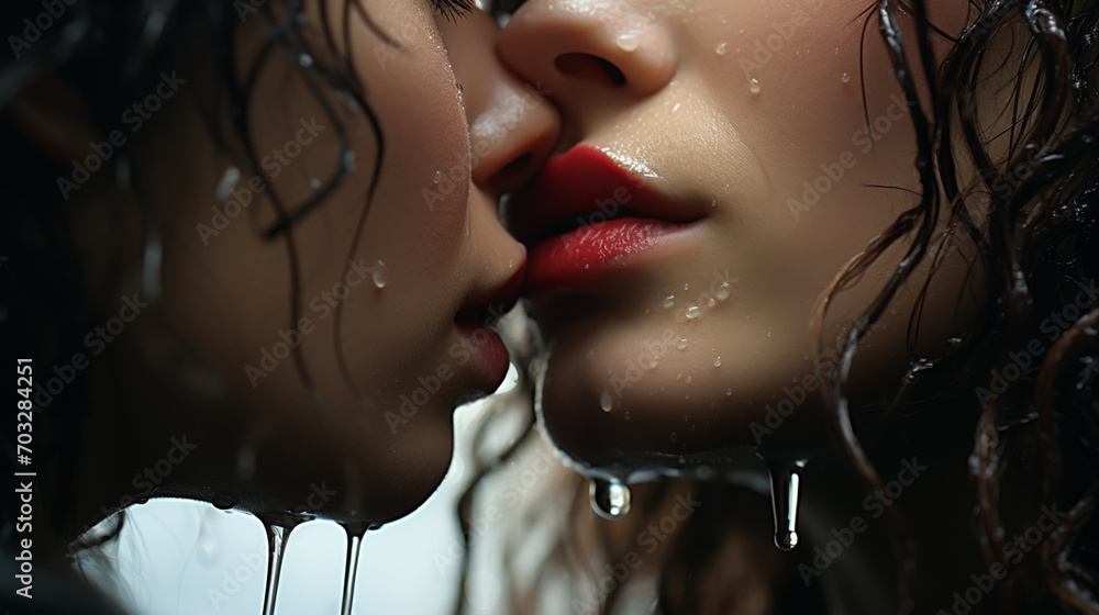 LGBT couple kiss lips. Passion and sensual touch. Closeup of mouths kissing. Two lgbtq in love. Lip care and beauty. - obrazy, fototapety, plakaty 