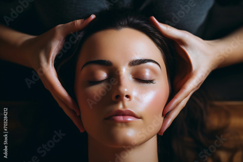 Woman having her head massage, in the style of soft-focus, symmetrical asymmetry, nouveau réalisme, high-angle, exotic, unprimed canvas