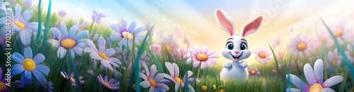 A vector banner of an Easter Bunny in a meadow of spring flowers - panned for text