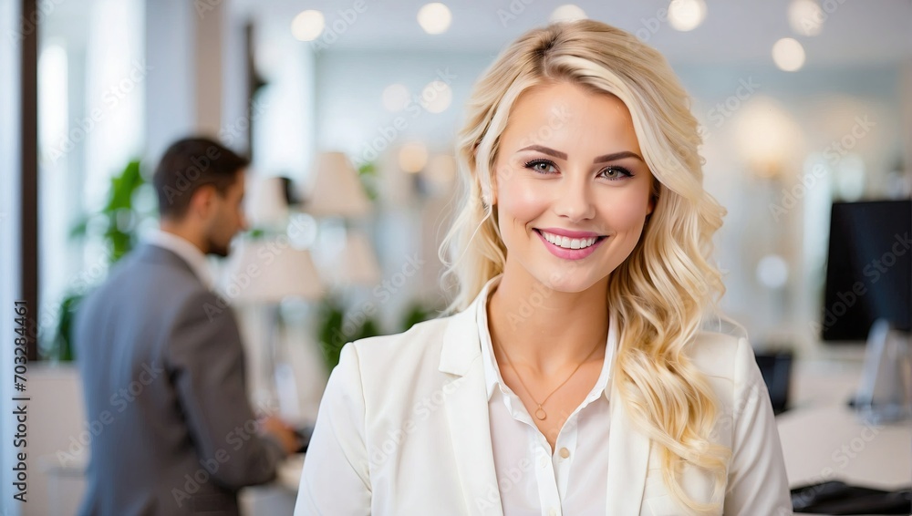 Smiling Caucasian woman with blonde wavy hair, dressed in a white blouse, standing in a bright, upscale office environment.