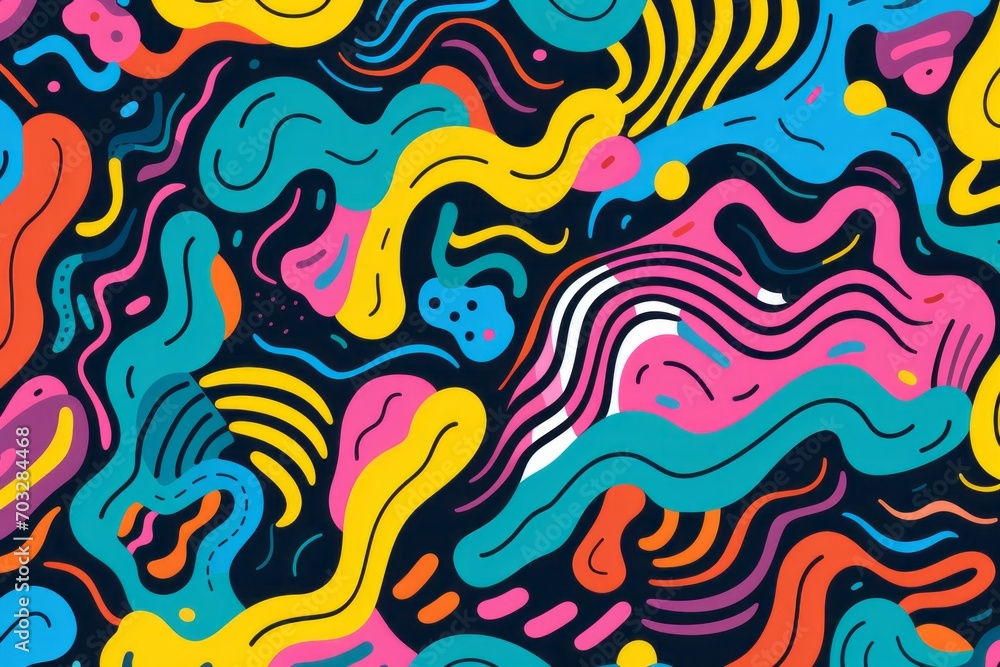  Infuse a sense of joy and playfulness into your design with a vibrant and dynamic colorful line doodle seamless pattern background, Generative AI