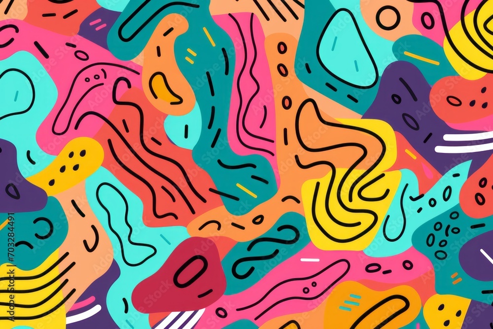  Infuse a sense of joy and playfulness into your design with a vibrant and dynamic colorful line doodle seamless pattern background, Generative AI