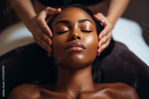 Women enjoying face massage in spa, in the style of black arts movement, minimalist, , high definition, womancore, recycled, soft-edged

 photo