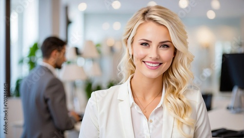 Smiling Caucasian woman with blonde wavy hair, dressed in a white blouse, standing in a bright, upscale office environment.