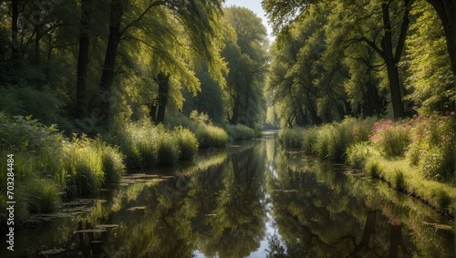 Tranquil forest scene with a reflective water canal  surrounded by lush greenery and vibrant pink flowers  in the soft light of sunrise.