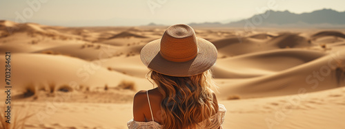 attractive sensual young woman in dress in desert  treveling on safari  wearing hat  exploring nature  hot summer day  sunny weather
