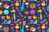  Immerse yourself in a world of imagination with a vibrant and fun colorful line doodle seamless pattern background, Generative AI