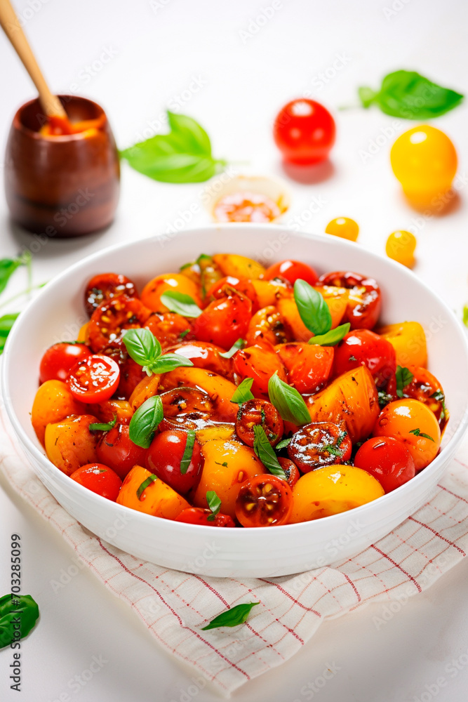 salad with tomato and herbs. Selective focus.