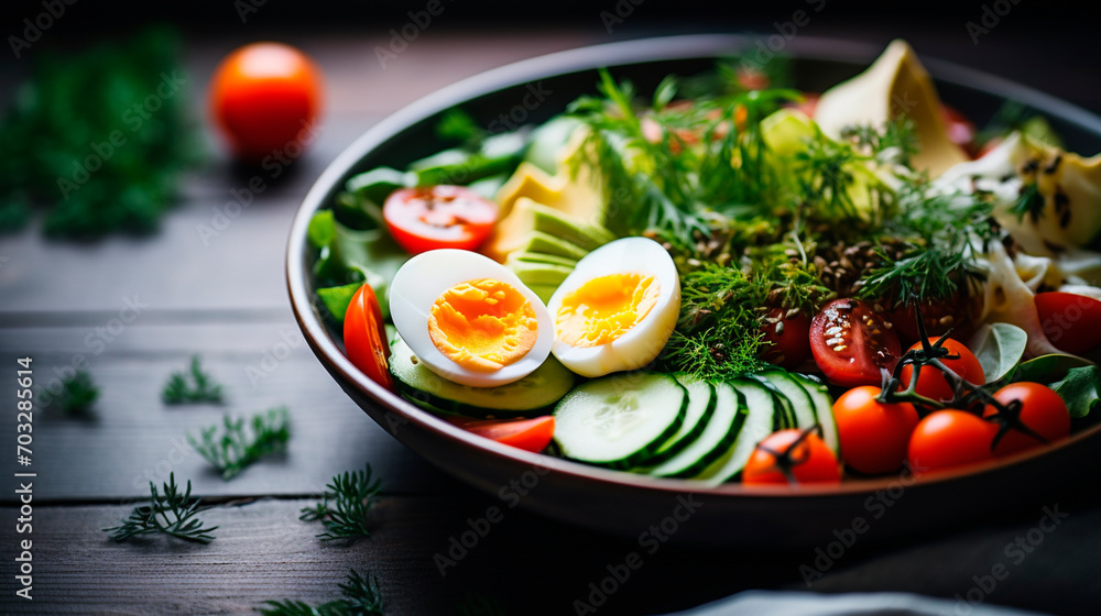 vegetable salad with eggs in the hands of a woman. Selective focus. vegetable salad with eggs in the hands of a woman. Selective focus.