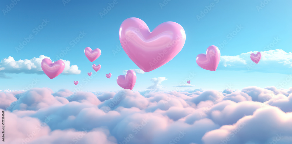 Romantic Love in the Blue Sky: Fluffy Heart-Shaped Clouds Floating on a Clear Summer Day