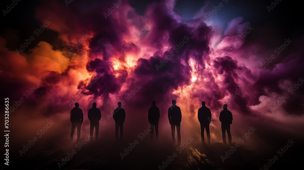Group people on a background of colored smoke Group people on a background of colored smoke