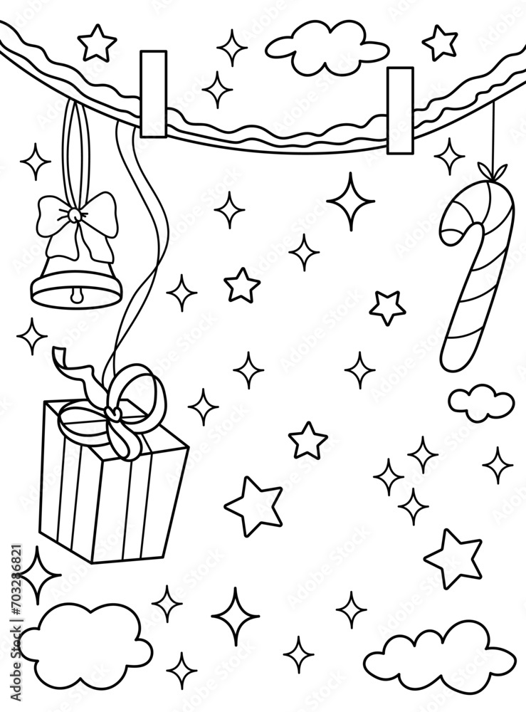 Christmas background with garland, bell, gift and lollipop. Background, coloring page. Black and white vector illustration.