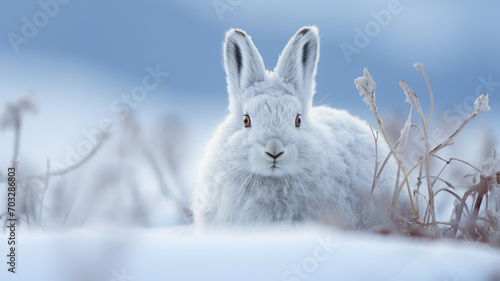 Wild mountain hare on smow