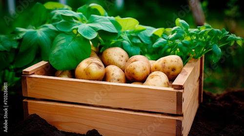 potatoes in a box in the garden. Selective focus. © yanadjan